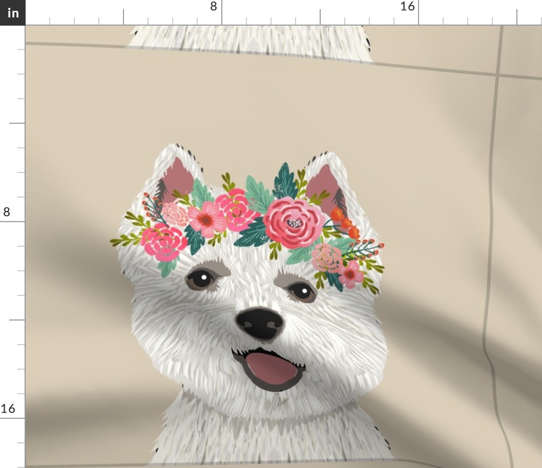 18" Westie Dog Pillow with cut lines - dog pillow panel, dog pillow, pillow cut and sew - floral