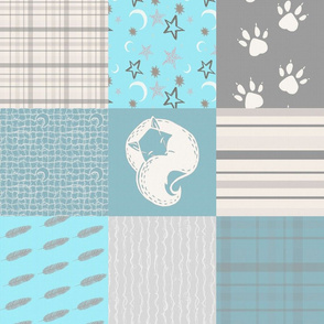 White Fox Blue Stone Grey Brown Feather Plaid// Horizontal Cheater Quilt//Pebble Grove