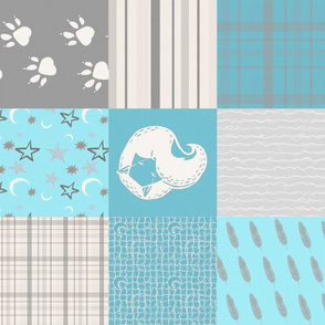 Woodland White  Fox Moon Stars Grey Blue Plaid//Horizontal// Geometric// Pebble Grove