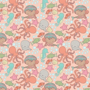 Cute Kawaii African American Mermaid Underwater-Themed Children's Fabric with Octopus, Seals, Seahorses, Fish, shells, Peach - Small