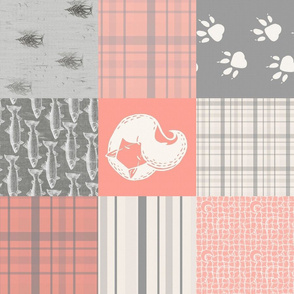  Little White Sleeping Fox Coral Plaid Stripes  Fish Grey Pine Trees// Cheater Quilt//Horizontal//Pebble Grove