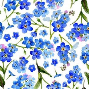 7" hand drawn watercolor forget-me-not flowers on white Nursery Fabric, Baby Girl Fabric, perfect for kidsroom, kids room, kids decor 