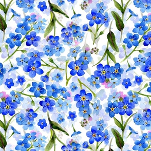 Large- Nostalgic Springflowers Vintage Garden: forget me not,  Antique Blue Flowers Fabric, myosotis home decor, 