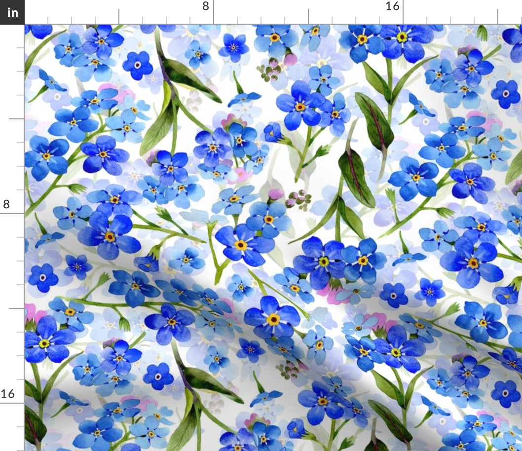 Large- Nostalgic Springflowers Vintage Garden: forget me not,  Antique Blue Flowers Fabric, myosotis home decor, 