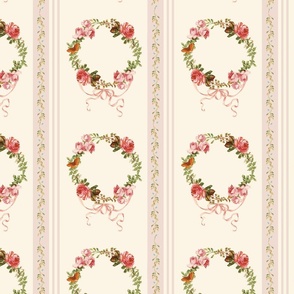 14" Pastel  Antique Rococo Napoleonic toile with stripes and roses bouquets - blush