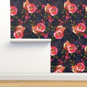 14"Spring Colors Hand drawn roses and flowers Nursery Baby Girl Flower Boho Fabric Boho Floral on dark blue double layer