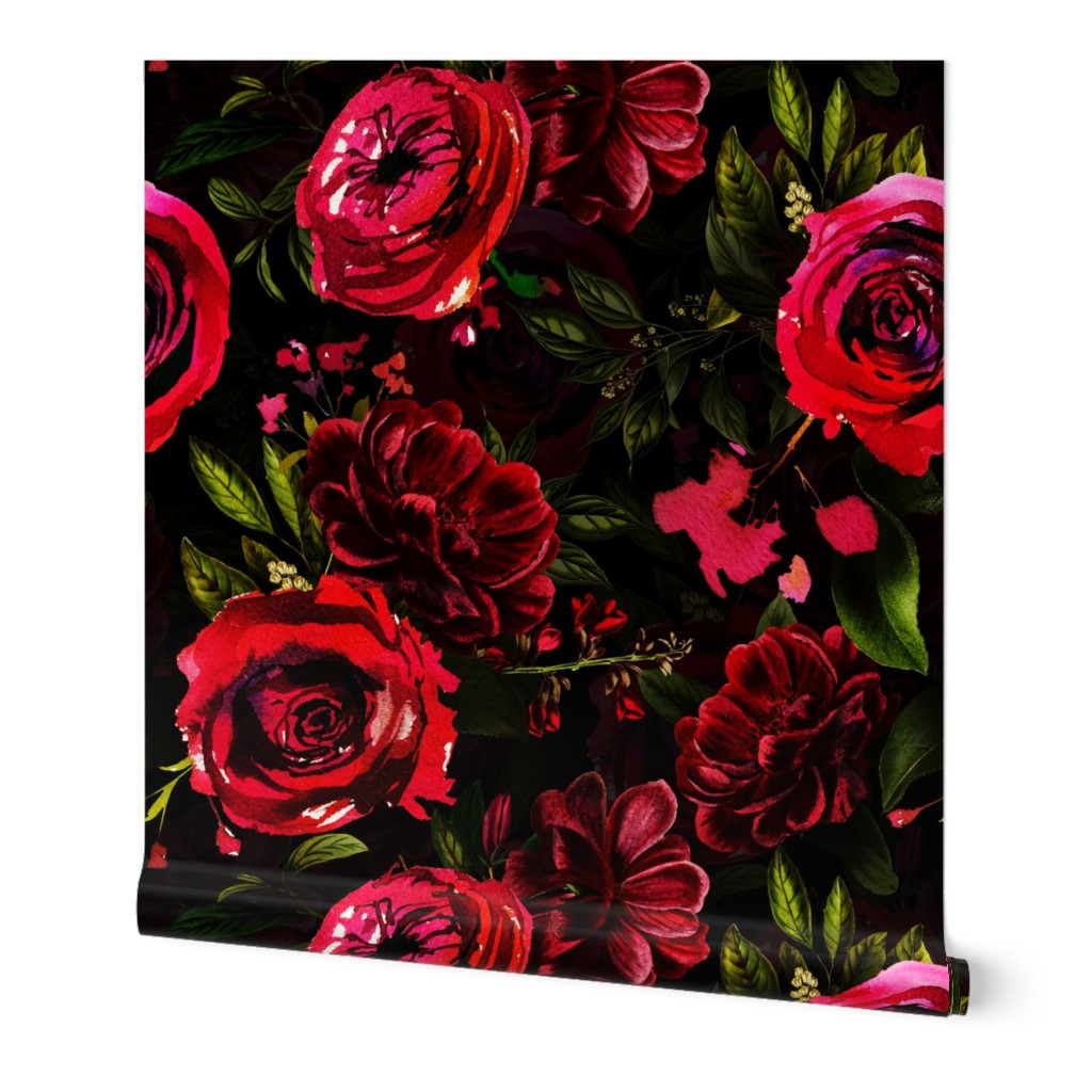 Vintage Summer Night Romanticism:  Maximalism Moody Burgundy Red Florals- Antiqued  Roses and Nostalgic - Gothic Mystic Night-  Antique Botany Wallpaper and Victorian Goth Mystic inspired 