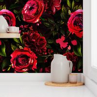 Vintage Summer Night Romanticism:  Maximalism Moody Burgundy Red Florals- Antiqued  Roses and Nostalgic - Gothic Mystic Night-  Antique Botany Wallpaper and Victorian Goth Mystic inspired 