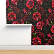 Vintage Summer Night Romanticism:  Maximalism Moody Burgundy Red Florals- Antiqued  Roses and Nostalgic - Gothic Mystic Night-  Antique Botany Wallpaper and Victorian Goth Mystic inspired 