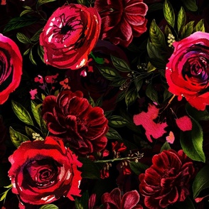 Vintage Summer Night Romanticism:  Maximalism Moody Burgundy Red Florals- Antiqued  Roses and Nostalgic - Gothic Mystic Night-  Antique Botany Wallpaper and Victorian Goth Mystic inspired 