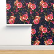 14" Spring Colors Hand drawn roses and flowers Nursery Baby Girl Flower Boho Fabric Boho Floral on dark blue