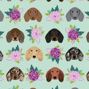 Dachshund Floral Dog Head fabric - dog head fabric, doxie fabric, dachshund fabric, dogs, floral, - mint purple