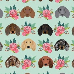 Dachshund Floral Dog Head fabric - dog head fabric, doxie fabric, dachshund fabric, dogs, floral, - mint