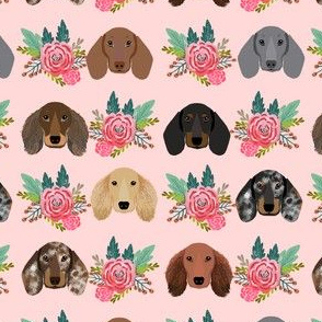 Dachshund Floral Dog Head fabric - dog head fabric, doxie fabric, dachshund fabric, dogs, floral, - pink