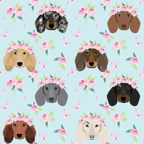 doxie flower crown fabric - dog, dachshund floral fabric, dog flower crown fabric dog floral crown - light blue