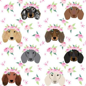 doxie flower crown fabric - dog, dachshund floral fabric, dog flower crown fabric dog floral crown - white