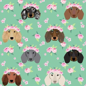 doxie flower crown fabric - dog, dachshund floral fabric, dog flower crown fabric dog floral crown - green