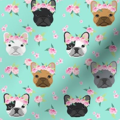 frenchie floral crown fabric, french bulldog flowers fabric, flower crown dog, dog portrait fabric - mint