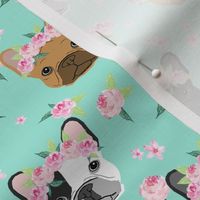 frenchie floral crown fabric, french bulldog flowers fabric, flower crown dog, dog portrait fabric - mint