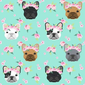 frenchie floral crown fabric, french bulldog flowers fabric, flower crown dog, dog portrait fabric - mint