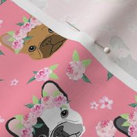 frenchie floral crown fabric, french bulldog flowers fabric, flower crown dog, dog portrait fabric - pink