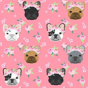 frenchie floral crown fabric, french bulldog flowers fabric, flower crown dog, dog portrait fabric - pink