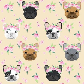 frenchie floral crown fabric, french bulldog flowers fabric, flower crown dog, dog portrait fabric - cream