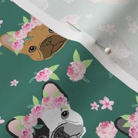 frenchie floral crown fabric, french bulldog flowers fabric, flower crown dog, dog portrait fabric - green