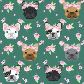 frenchie floral crown fabric, french bulldog flowers fabric, flower crown dog, dog portrait fabric - green