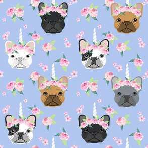 frenchie unicorn crown fabric - french bulldog unicorn, frenchie unicorn dog, frenchicorn dog, floral crown - periwinkle