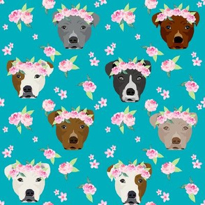 pitbull flower crown fabric - dog flower fabric, dogs floral fabric, pitbulls fabric, pitbull fabric - teal