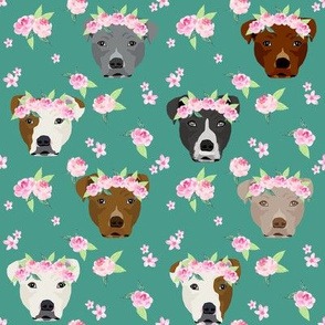 pitbull flower crown fabric - dog flower fabric, dogs floral fabric, pitbulls fabric, pitbull fabric - dark green