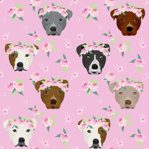 pitbull flower crown fabric - dog flower fabric, dogs floral fabric, pitbulls fabric, pitbull fabric - light pink