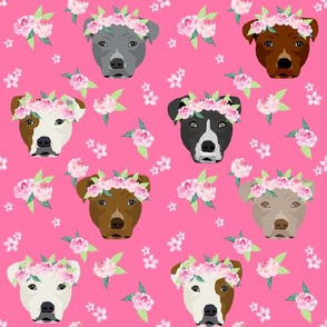 pitbull flower crown fabric - dog flower fabric, dogs floral fabric, pitbulls fabric, pitbull fabric - pink