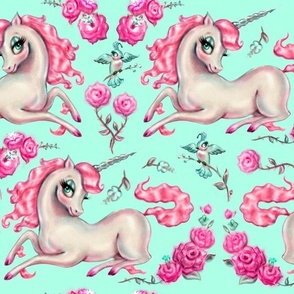 Large-Unicorns and Roses on Mint