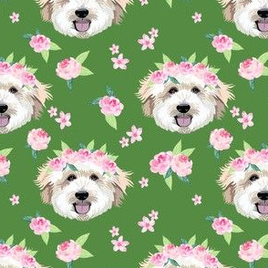golden doodle flower crown fabric - dog flower crown, dog floral crown, dog florals, watercolor dog florals - green
