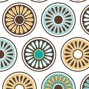 Mid Century Modern Circle Flowers - Turquoise Blue and Harvest Gold // Medium Scale - DPI 386