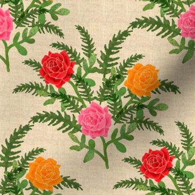 Roses and Ferns on Faux Linen Background