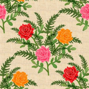 Roses and Ferns on Faux Linen Background