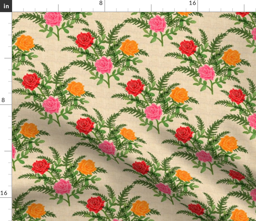 Roses and Ferns on Faux Linen Background