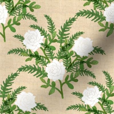 White Roses and Green Fern on Faux Linen Background