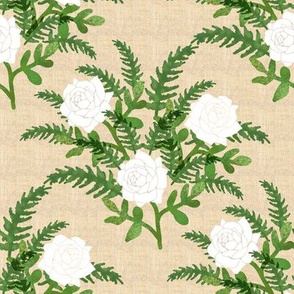 White Roses and Green Fern on Faux Linen Background