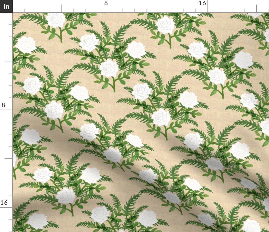 White Roses and Green Fern on Faux Linen Background