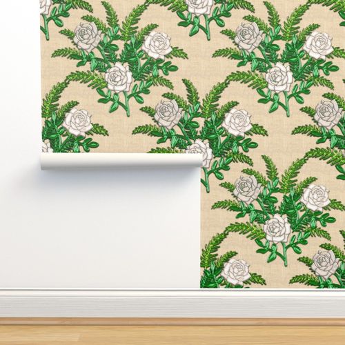 Papier Peint Vert Creme Blanc Fleur Floral Rose