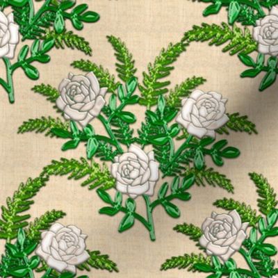 White Rose and Green Fern with 3D Illusion on Faux Linen Background