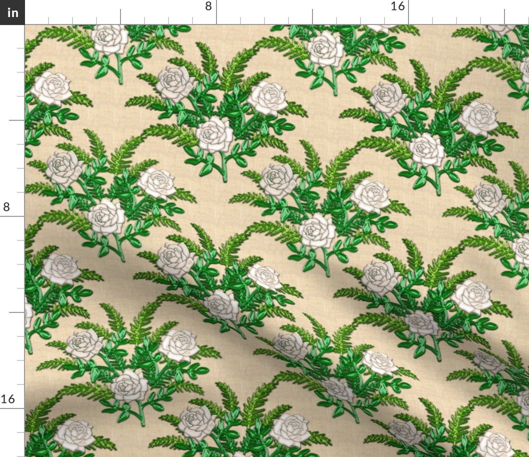 White Rose and Green Fern with 3D Illusion on Faux Linen Background