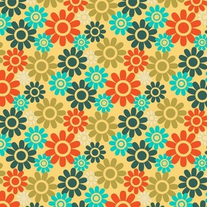 Retro Floral Vintage 60s Mid-Century Modern Blue Green Orange White Teal on Yellow - MEDIUM Scale - UnBlink Studio by Jackie Tahara