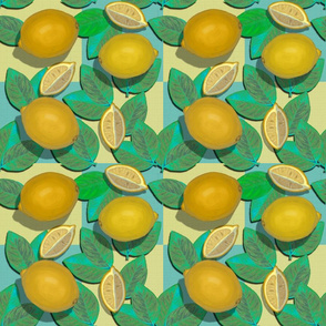 Lemons on Aqua Checkered//Retro Fruit Obsession//Kim Marshall