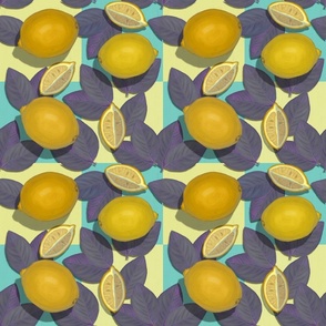 Lemons Purple Leaves Checkered//Retro Fruit Obsession//Kim Marshall