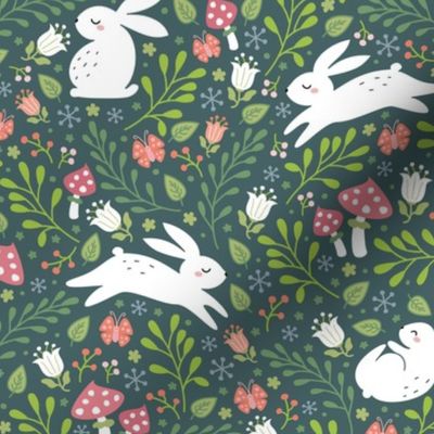 bunnies in the garden teal green